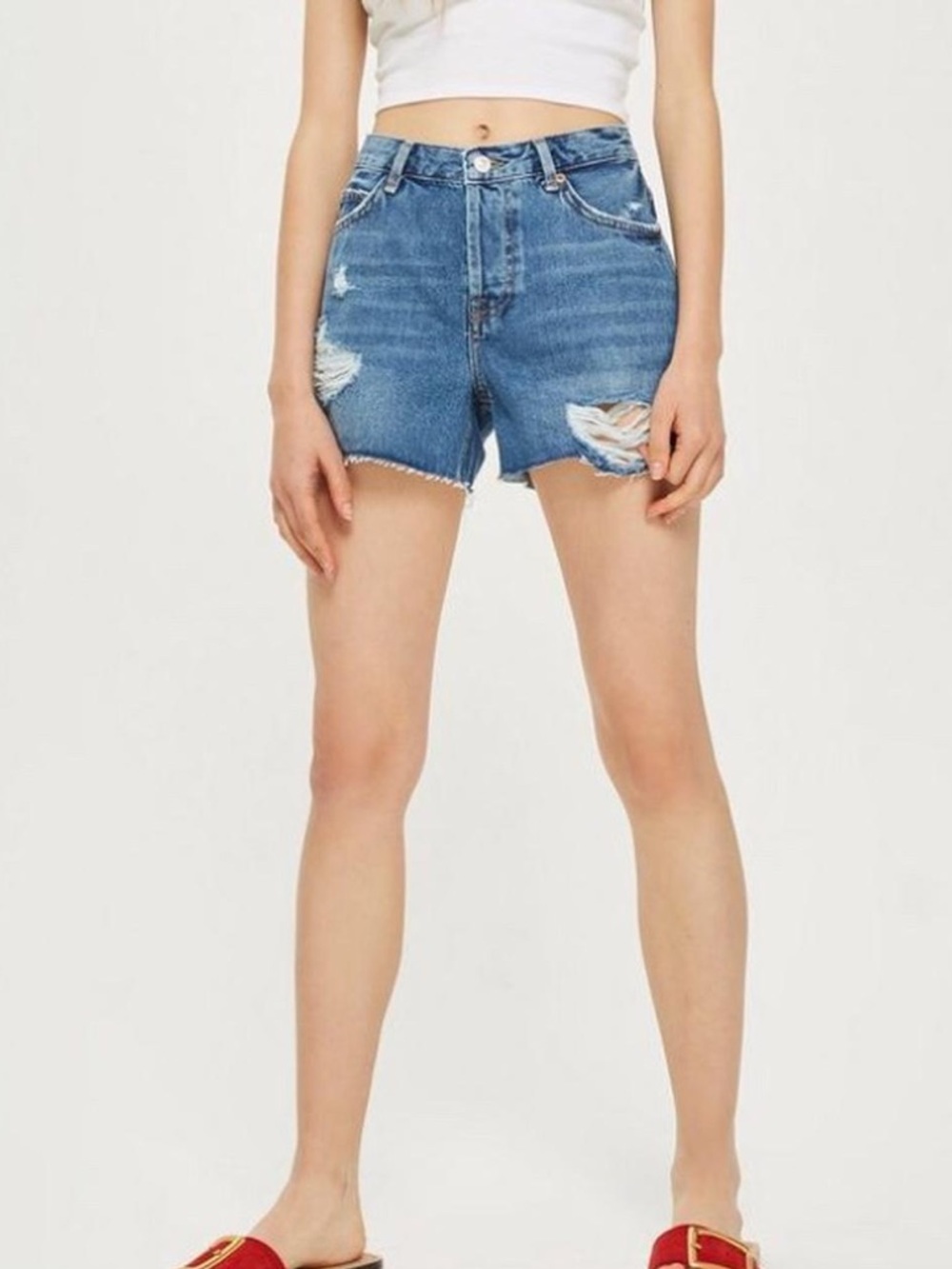Topshop “Ashley” Distressed Denim Jean Shorts in Blue